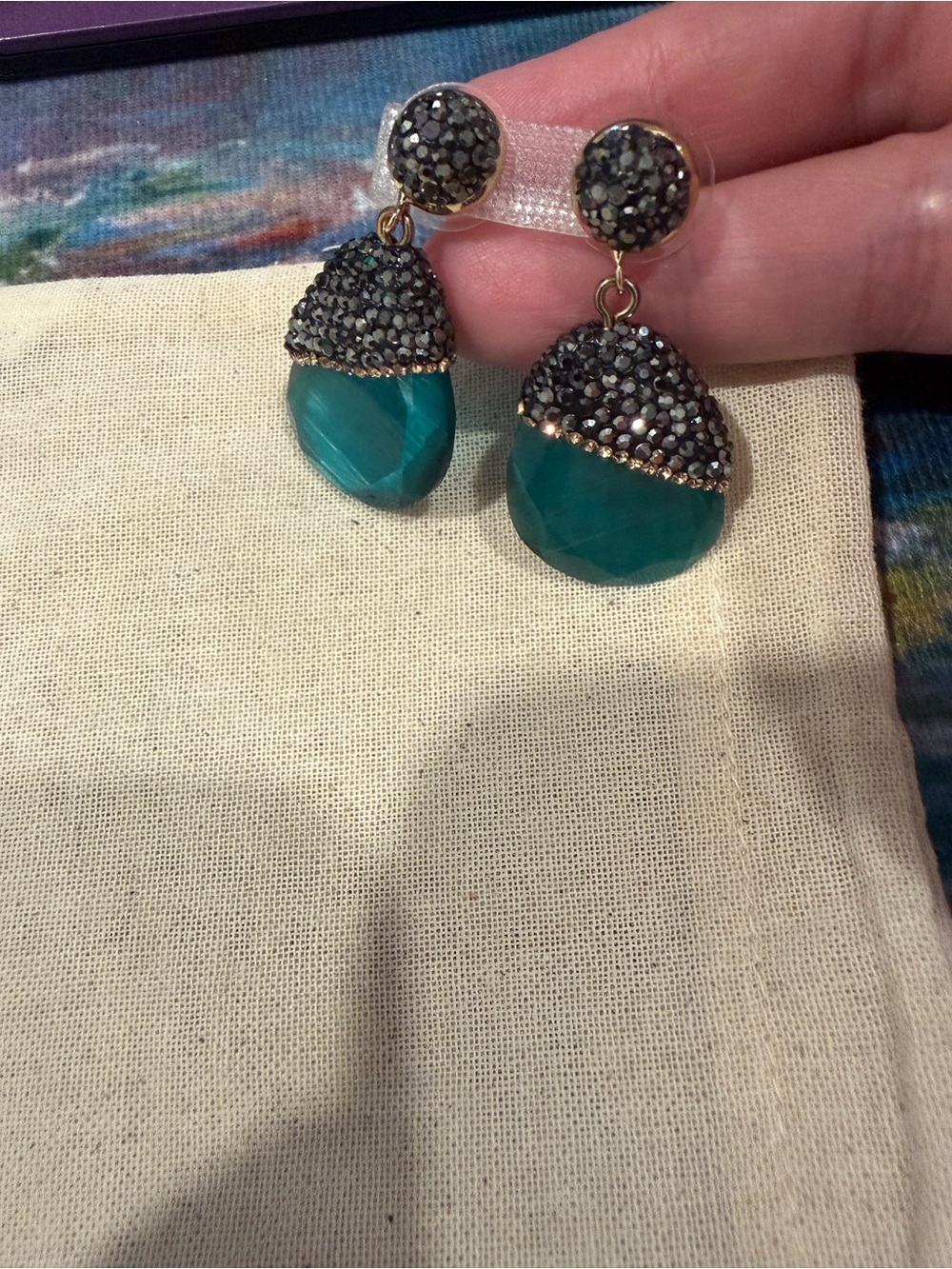 Gold-Tone Teardrop hematite greenish Crystal Drop Earrings like new
